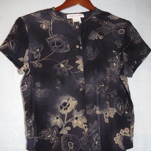 100% Silk Navy Tan Floral Short Sleeved Button Down Jones New York 6